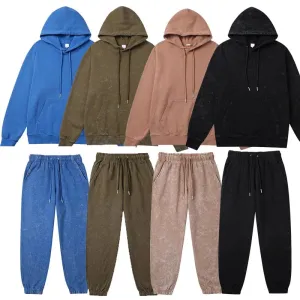 100% Cotton Washed Hoodies Pants Set- Vintage Retro Streetwear