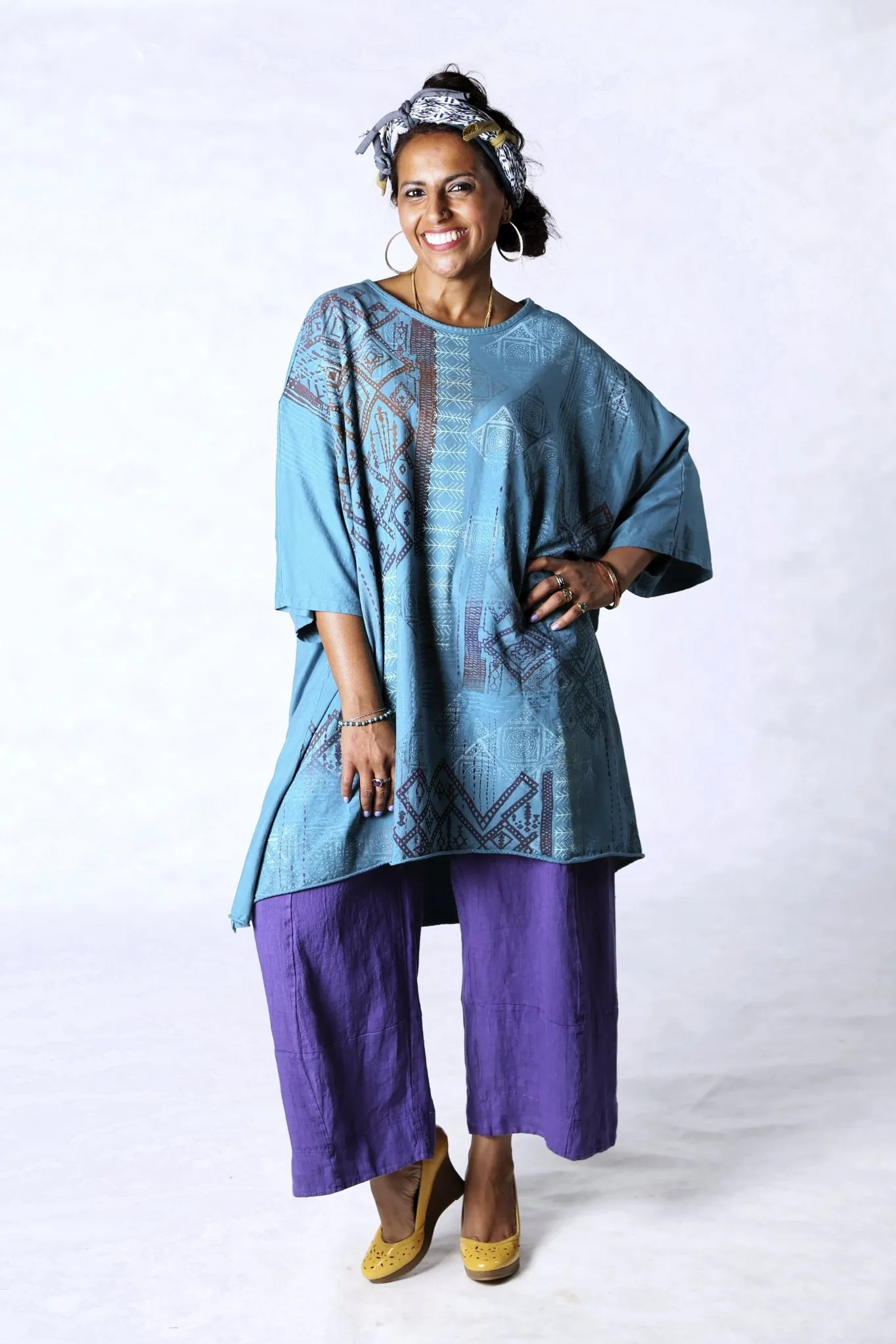 1255 Oversized Tunic Tee-Teal-Printed