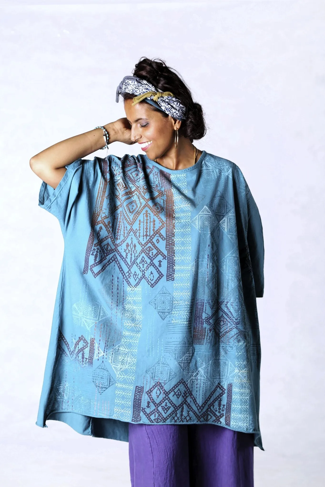1255 Oversized Tunic Tee-Teal-Printed