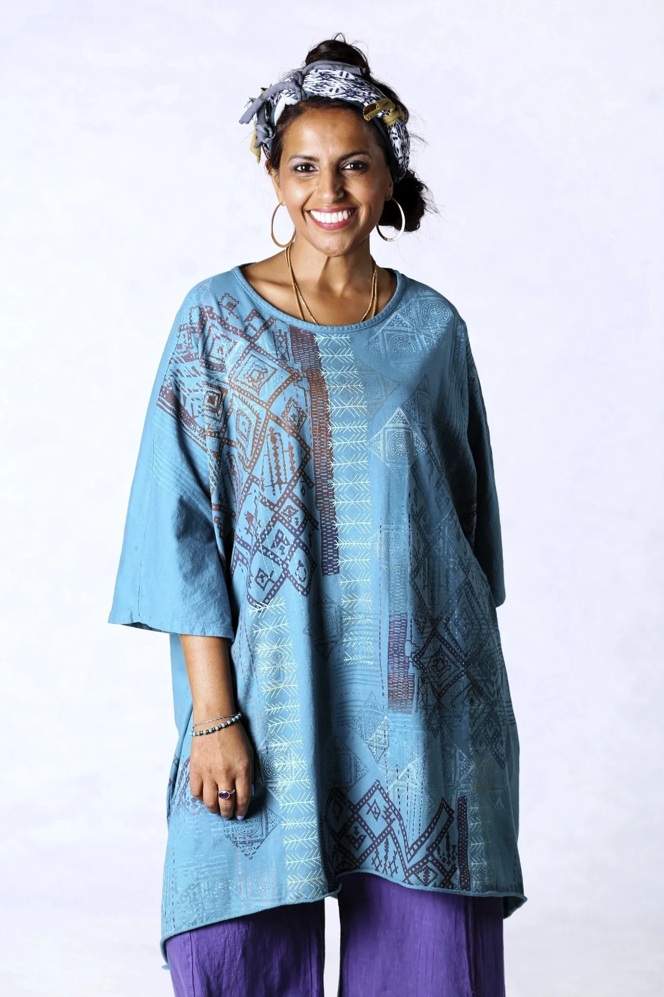 1255 Oversized Tunic Tee-Teal-Printed