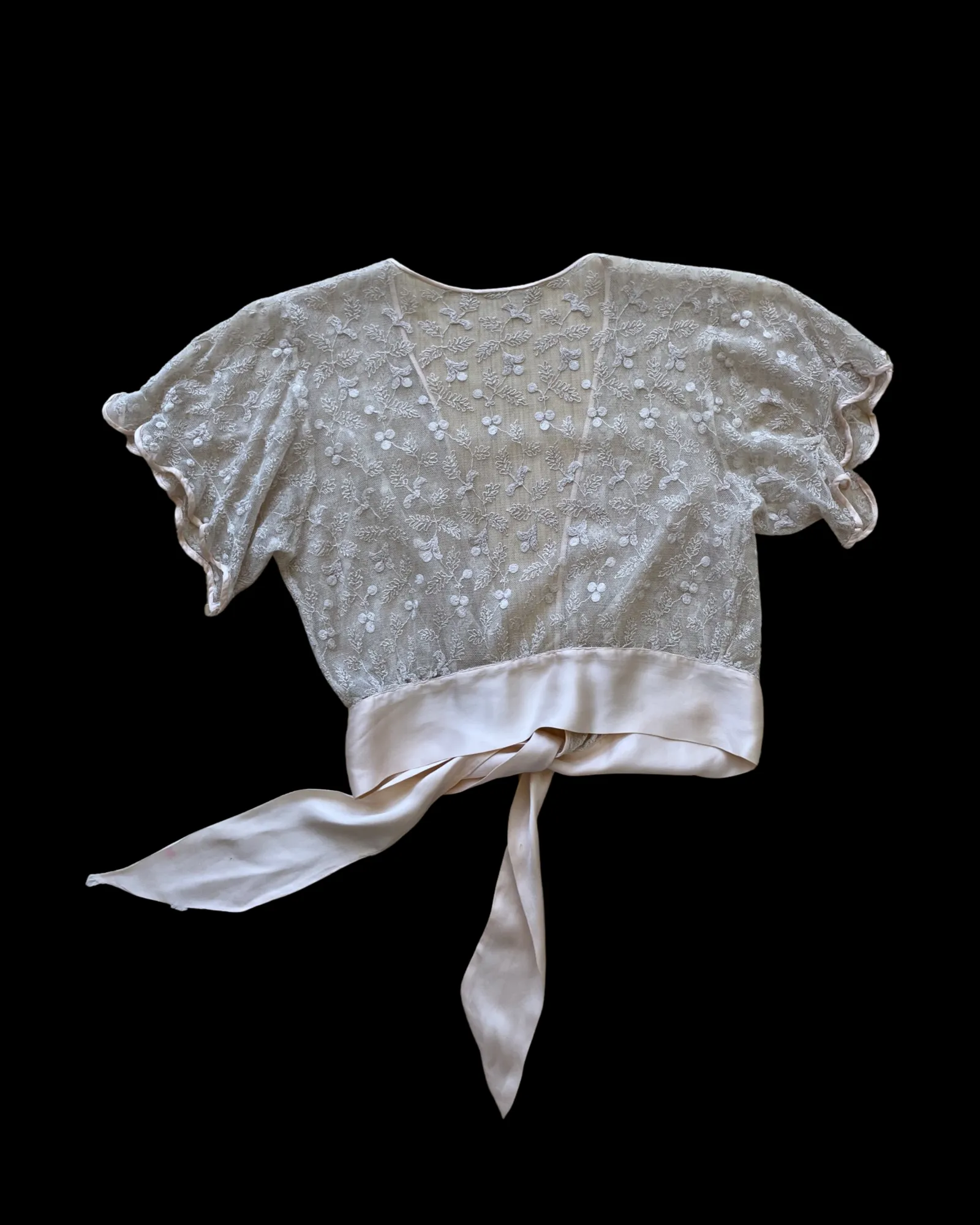 1930s Blush Pink Embroidered Net Tie Front Blouse