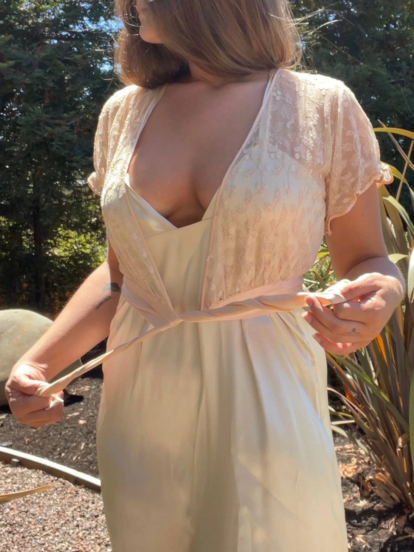 1930s Blush Pink Embroidered Net Tie Front Blouse