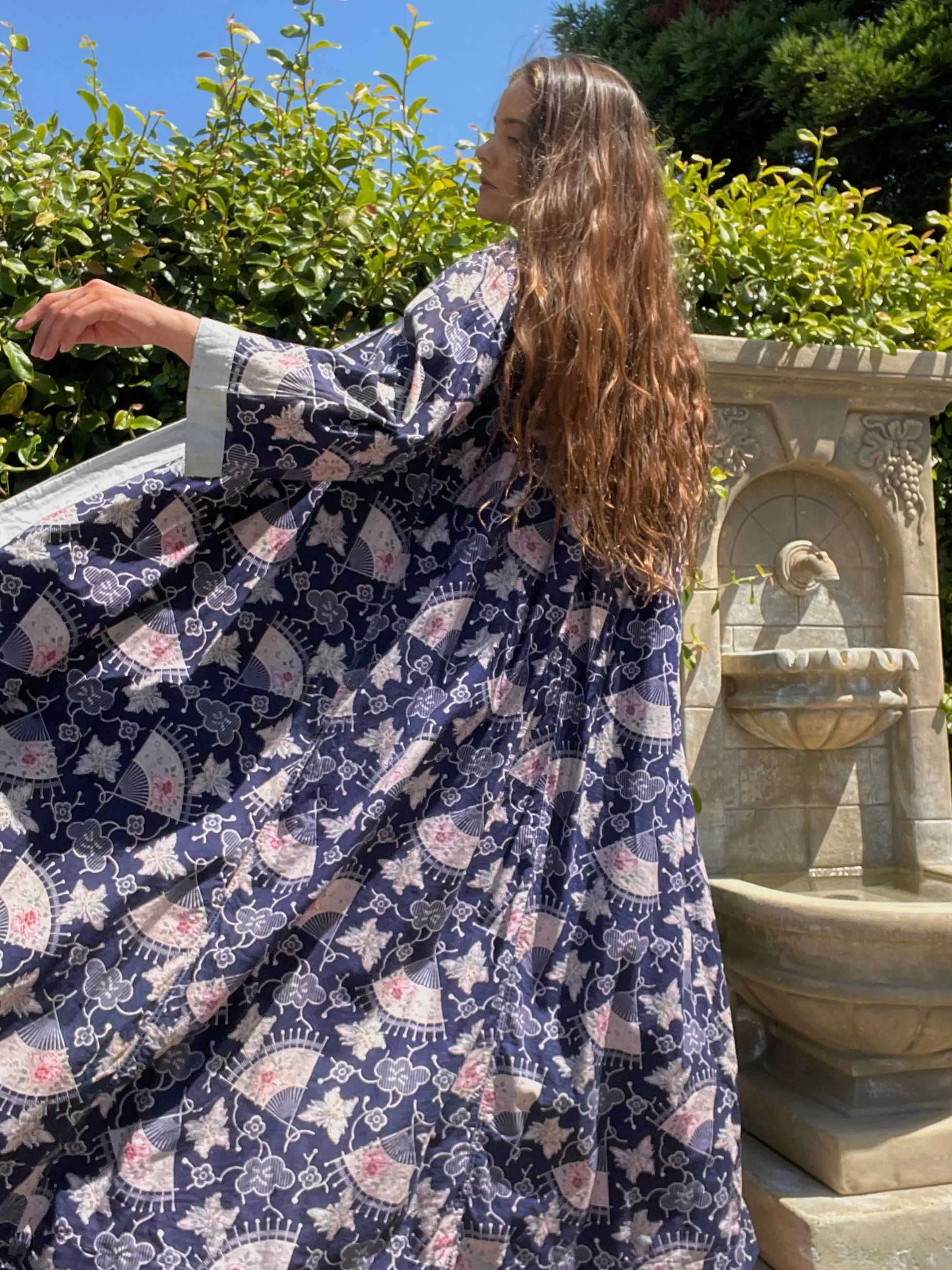 1930s Fan Print Cotton Bell Sleeve Floor Length Robe