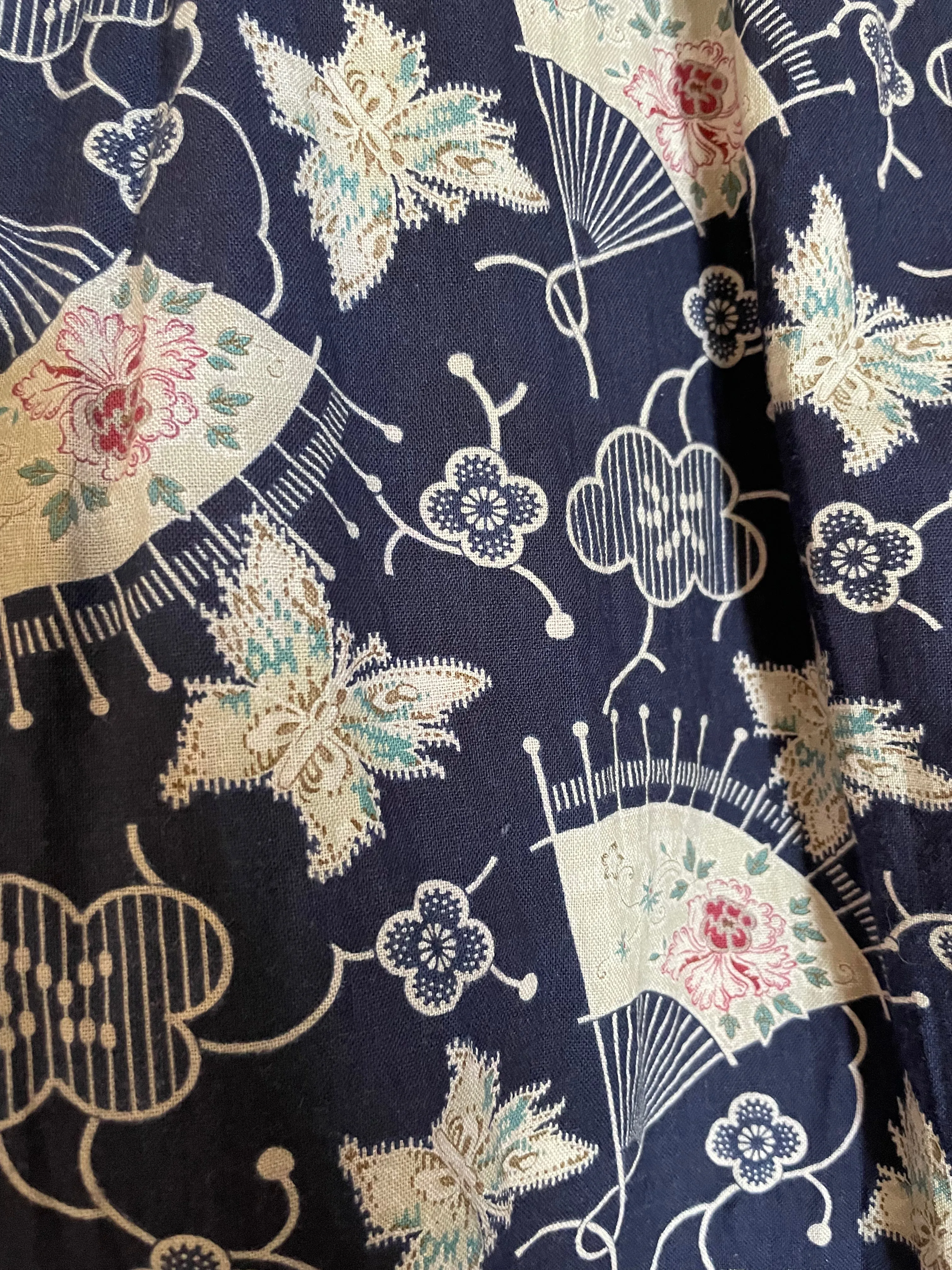 1930s Fan Print Cotton Bell Sleeve Floor Length Robe