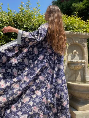 1930s Fan Print Cotton Bell Sleeve Floor Length Robe