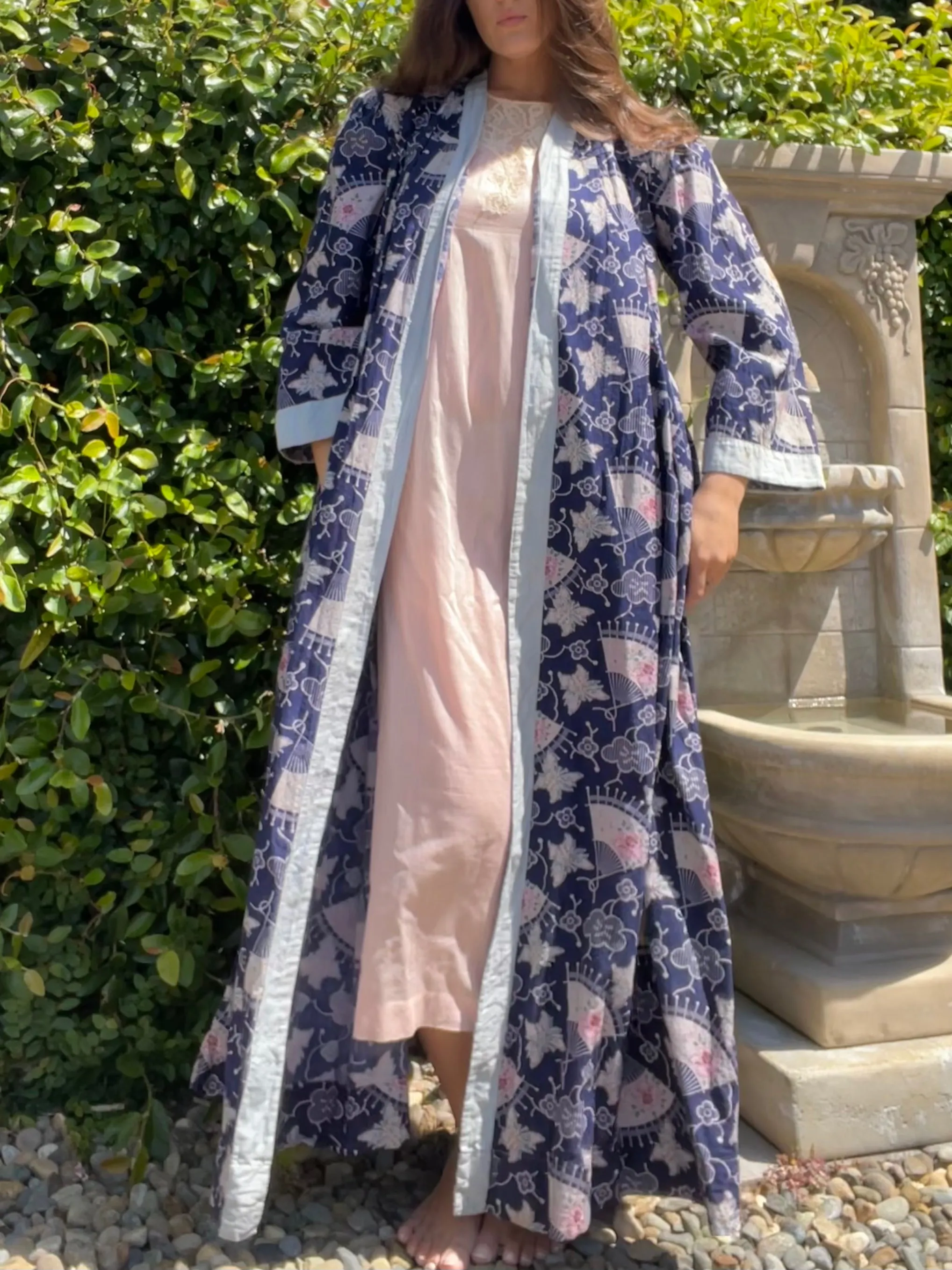 1930s Fan Print Cotton Bell Sleeve Floor Length Robe