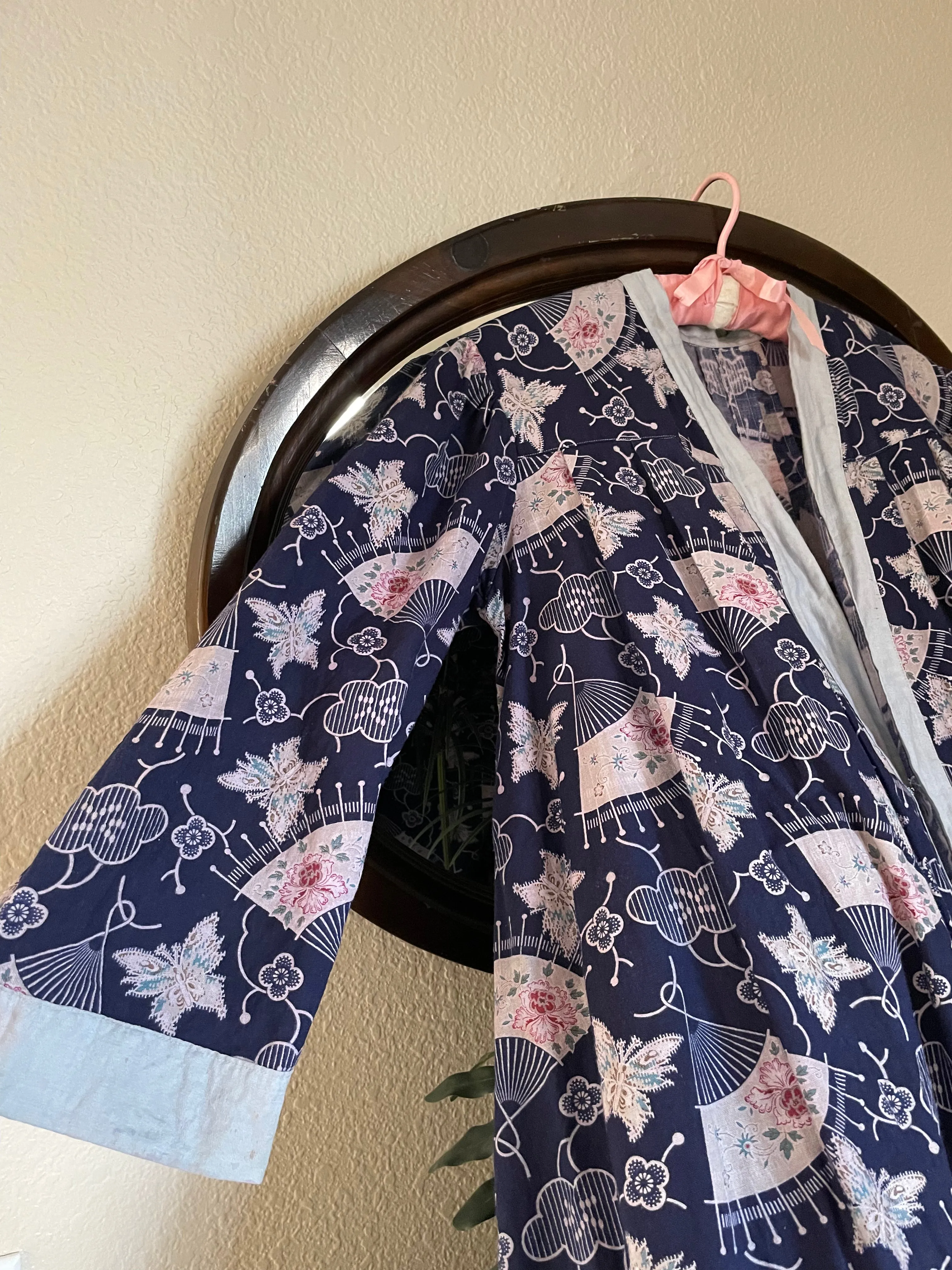 1930s Fan Print Cotton Bell Sleeve Floor Length Robe