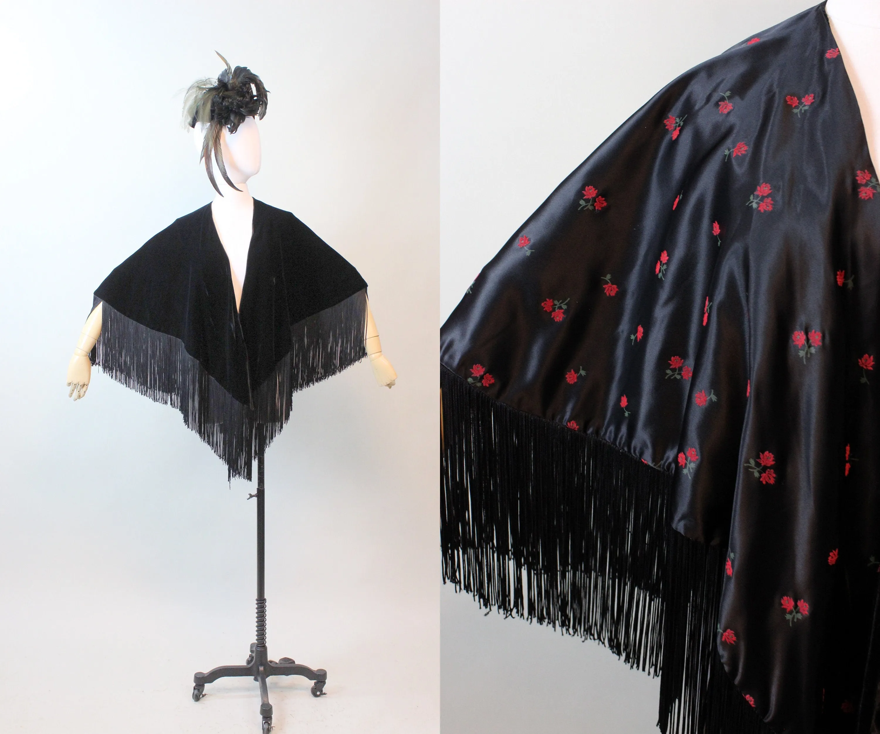 1950s REVERSIBLE fringe velvet embroidered scarf WRAP | new fall winter