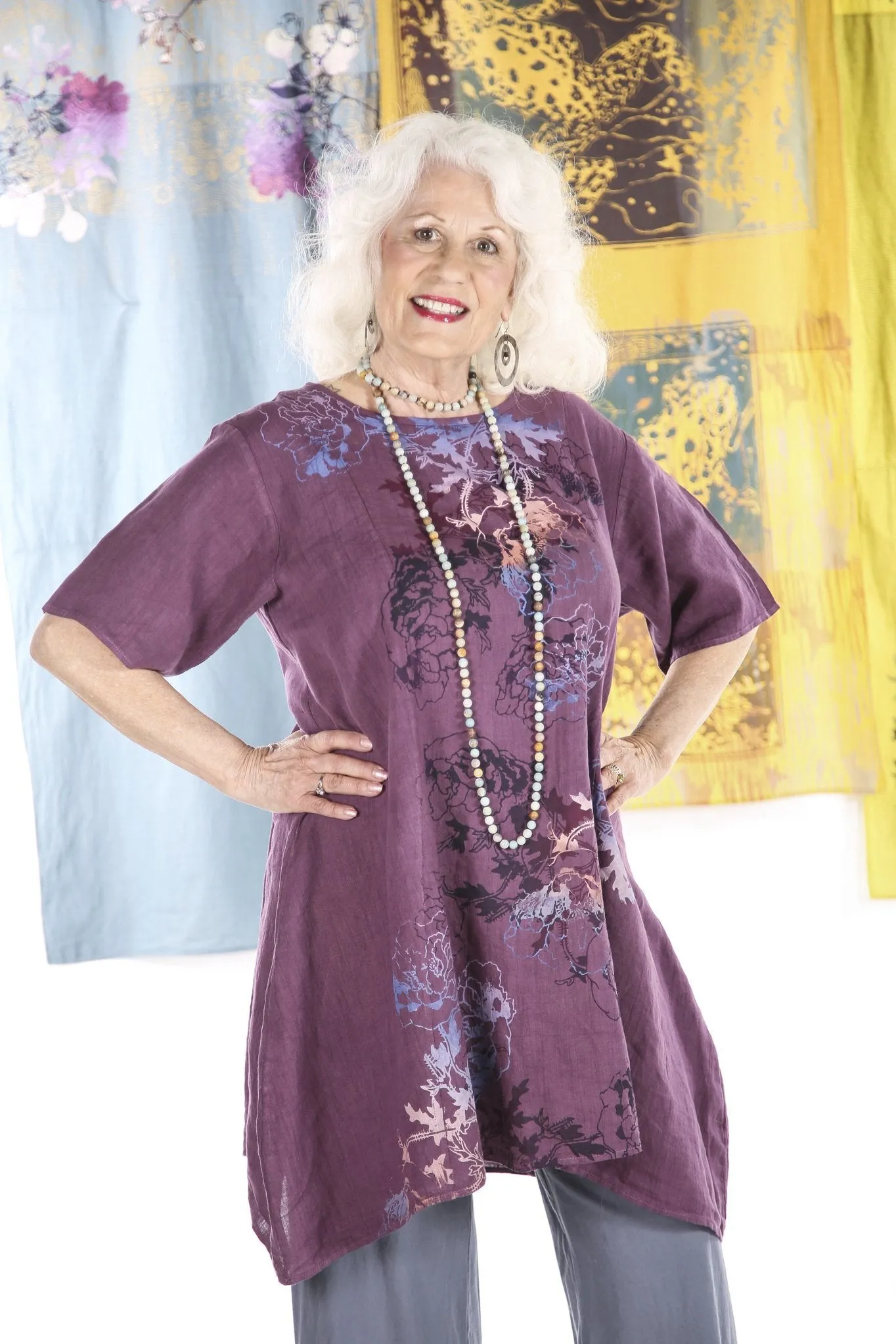 2281 Spring Linen Urchin Tunic- Orchid -Deep & Pastel Florals-P
