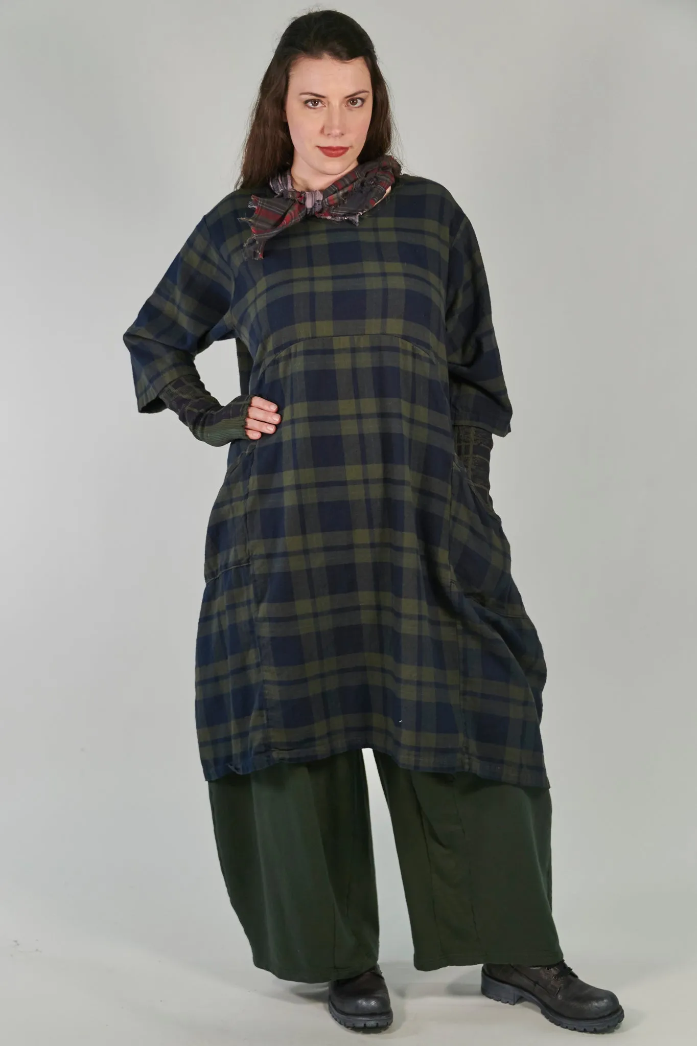 7114-Ink Blue Night Forest Plaid Dress-U