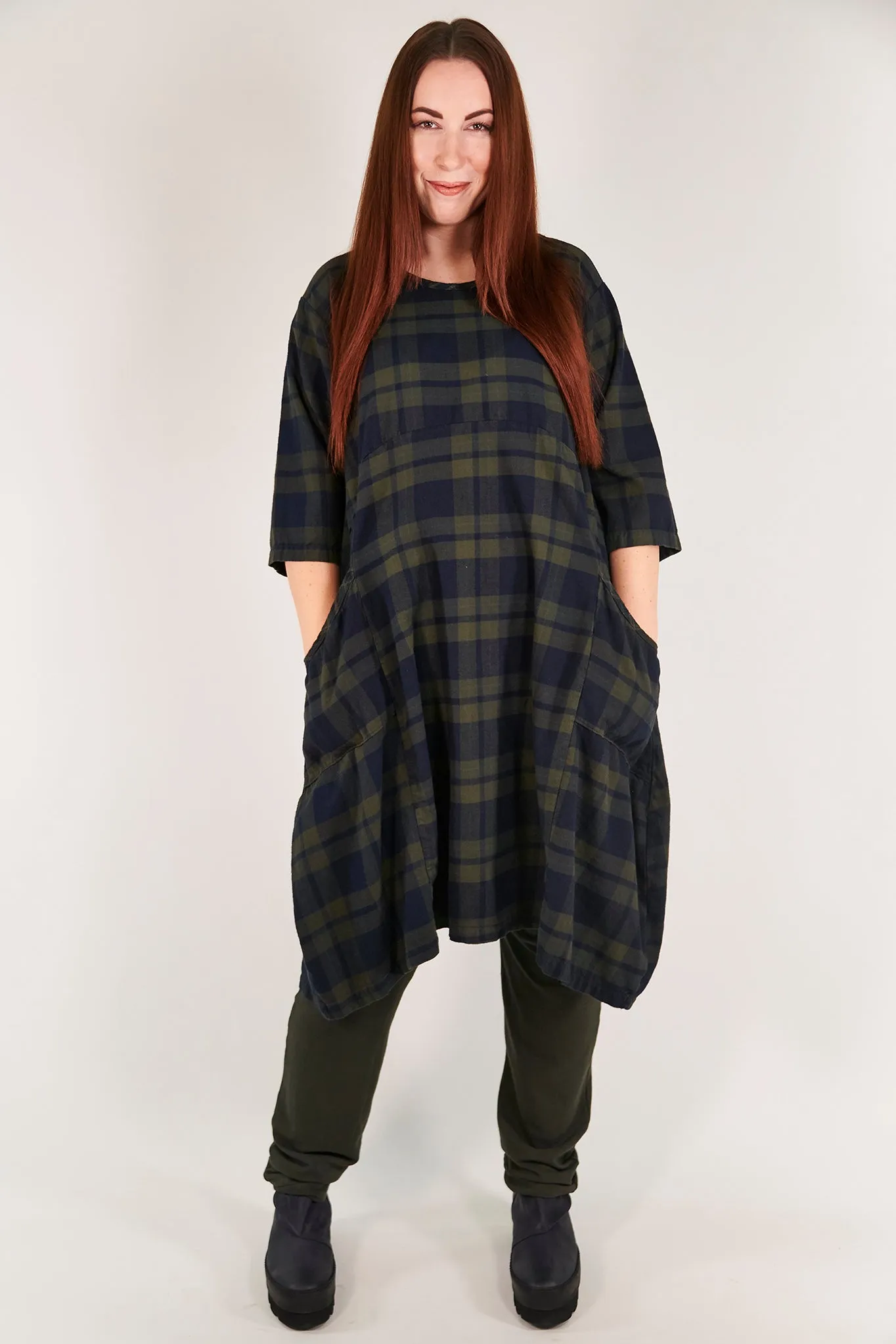 7114-Ink Blue Night Forest Plaid Dress-U