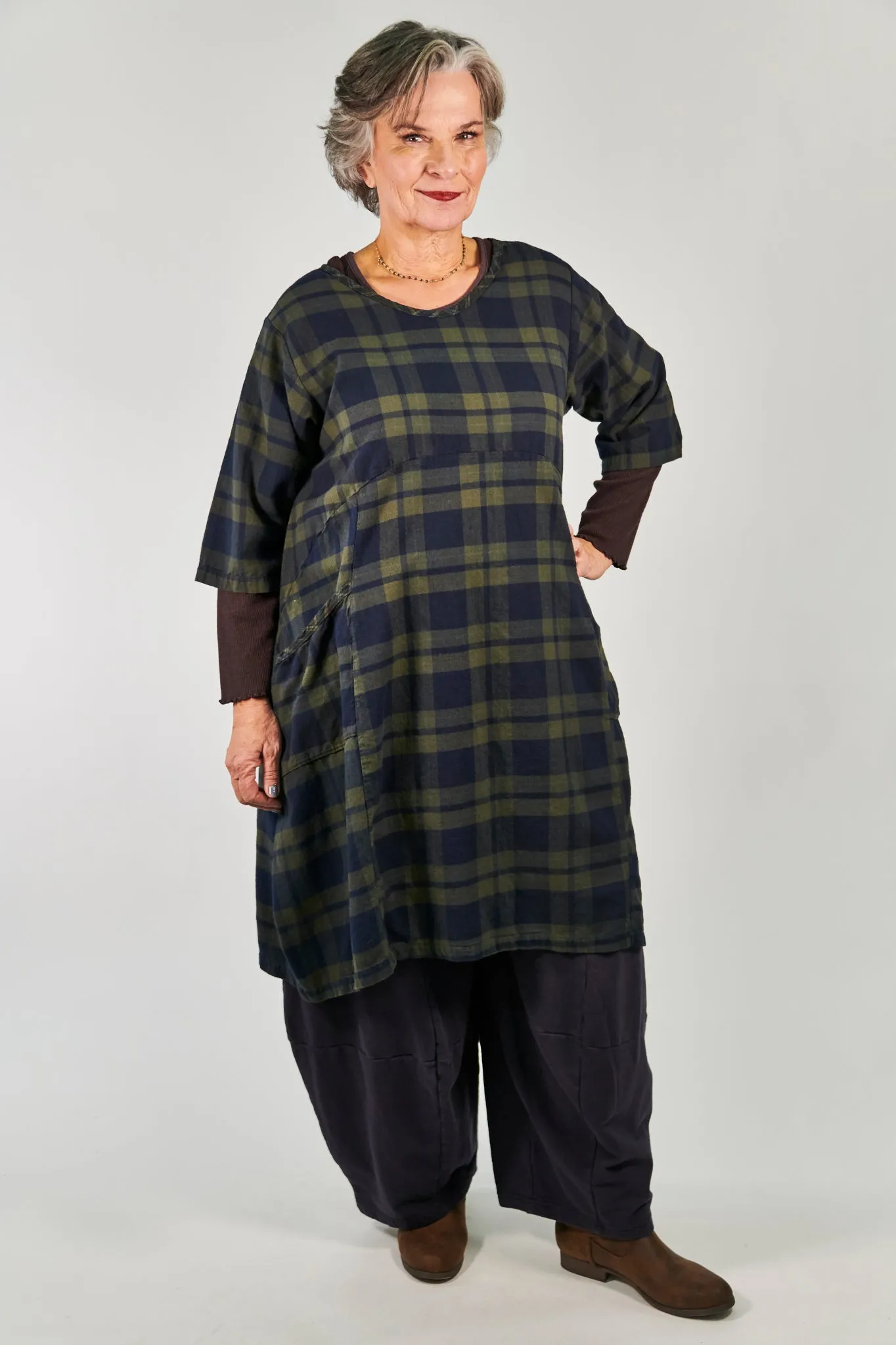 7114-Ink Blue Night Forest Plaid Dress-U