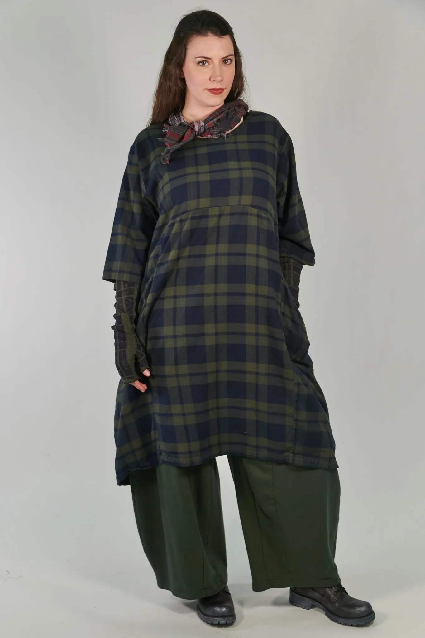 7114-Ink Blue Night Forest Plaid Dress-U