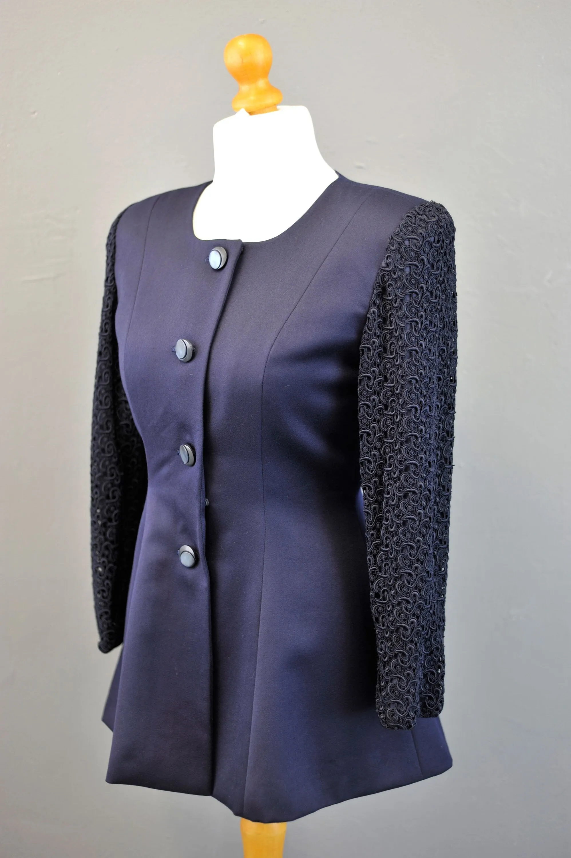 90s Tailored Navy Wool Jacket with Guipure Lace Sleeves, Long Collarless Blazer, Size Medium