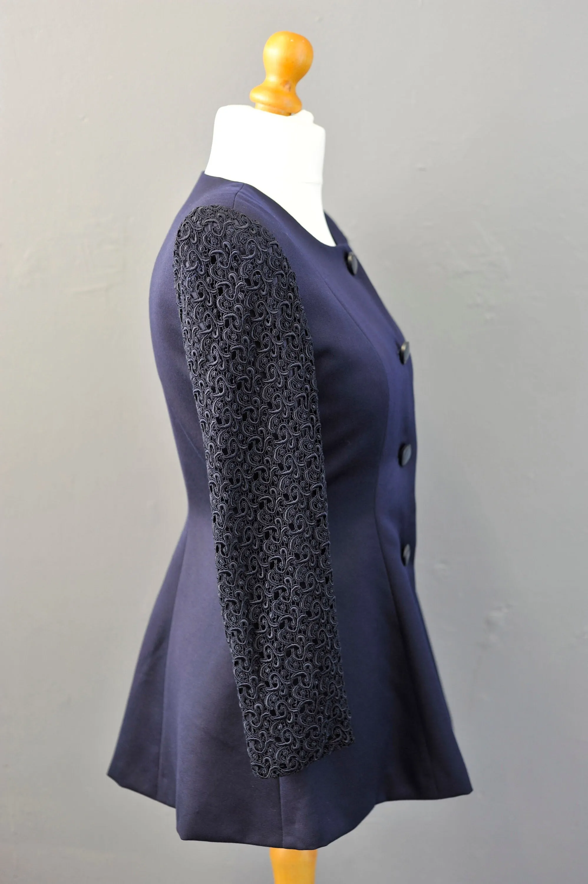 90s Tailored Navy Wool Jacket with Guipure Lace Sleeves, Long Collarless Blazer, Size Medium