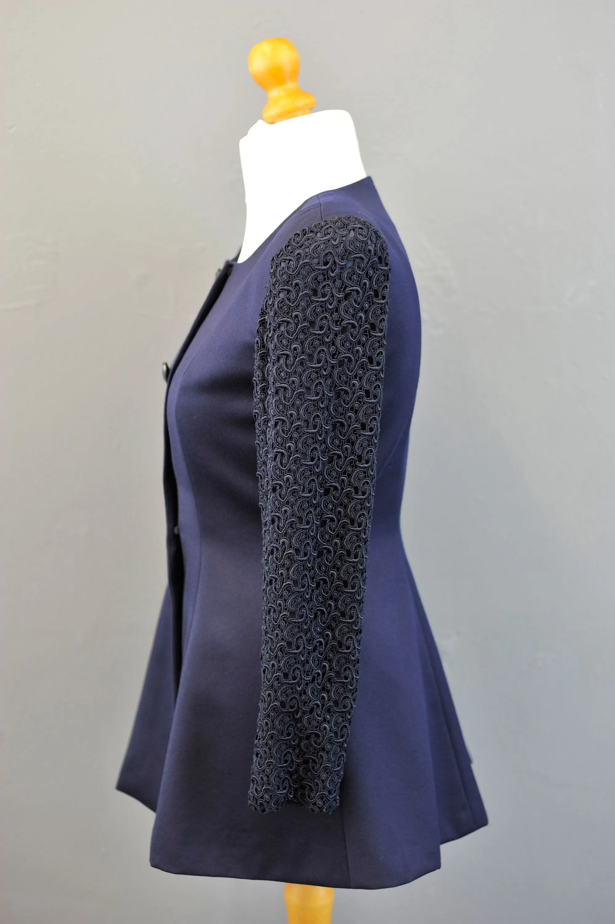 90s Tailored Navy Wool Jacket with Guipure Lace Sleeves, Long Collarless Blazer, Size Medium