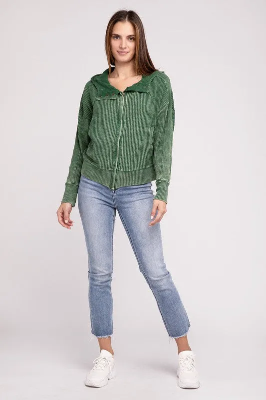 Acid Wash Cotton Waffle Hooded Zip-Up Jacket (5 colors)