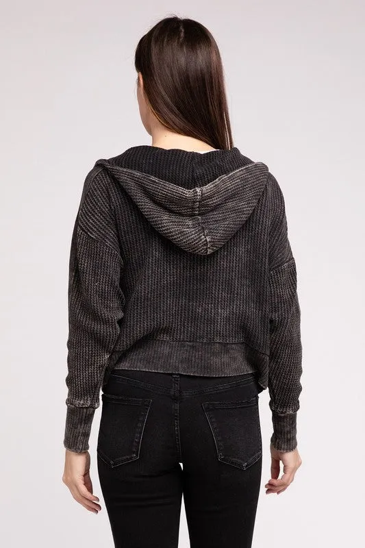 Acid Wash Cotton Waffle Hooded Zip-Up Jacket (5 colors)