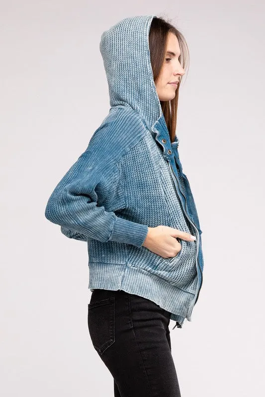 Acid Wash Cotton Waffle Hooded Zip-Up Jacket (5 colors)