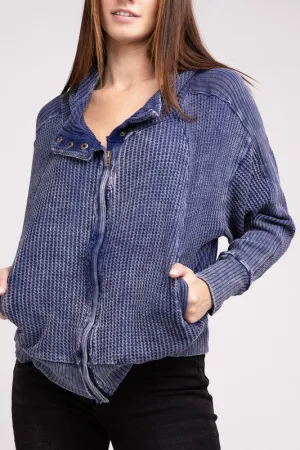 Acid Wash Cotton Waffle Hooded Zip-Up Jacket (5 colors)