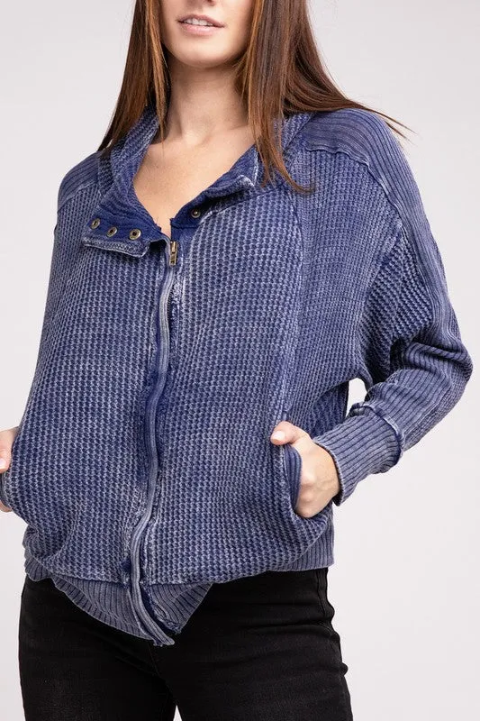 Acid Wash Cotton Waffle Hooded Zip-Up Jacket (5 colors)
