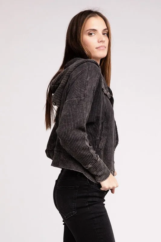Acid Wash Cotton Waffle Hooded Zip-Up Jacket (5 colors)