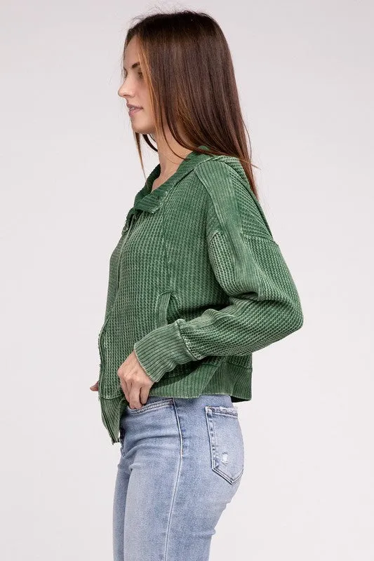 Acid Wash Cotton Waffle Hooded Zip-Up Jacket (5 colors)