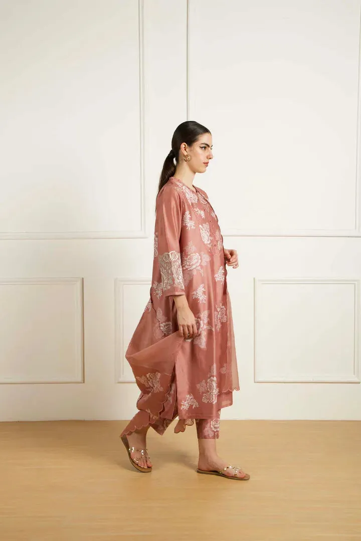 Almond Discharge Print Tunic And Pants In Silk Chanderi
