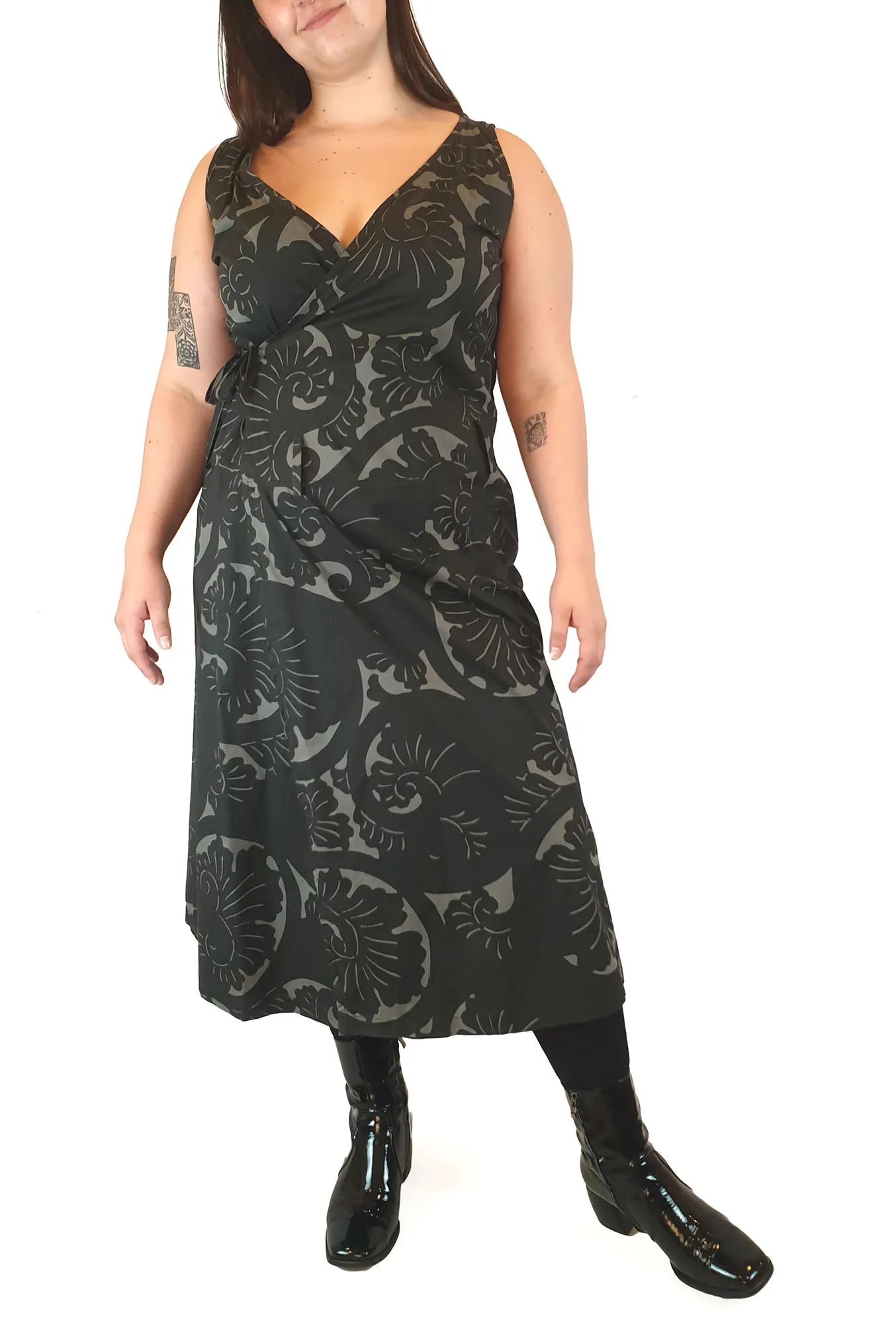 Ammo green and black print wrap dress size L