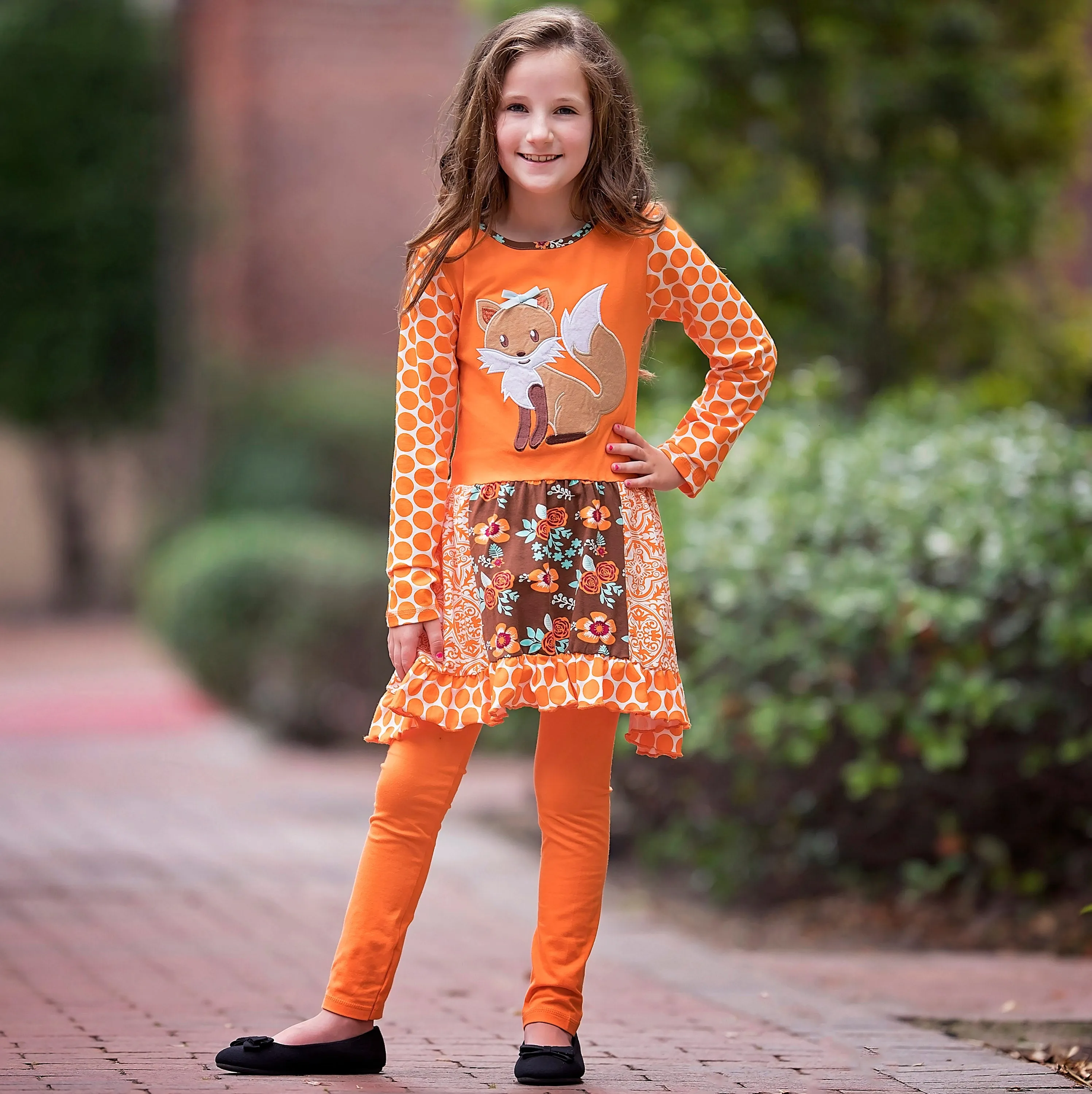 AnnLoren Big Little Girls Fall Foxy Floral Forest Friends Dress & Leggings