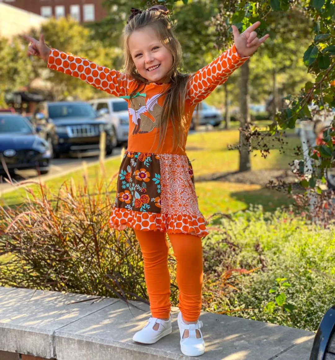 AnnLoren Big Little Girls Fall Foxy Floral Forest Friends Dress & Leggings