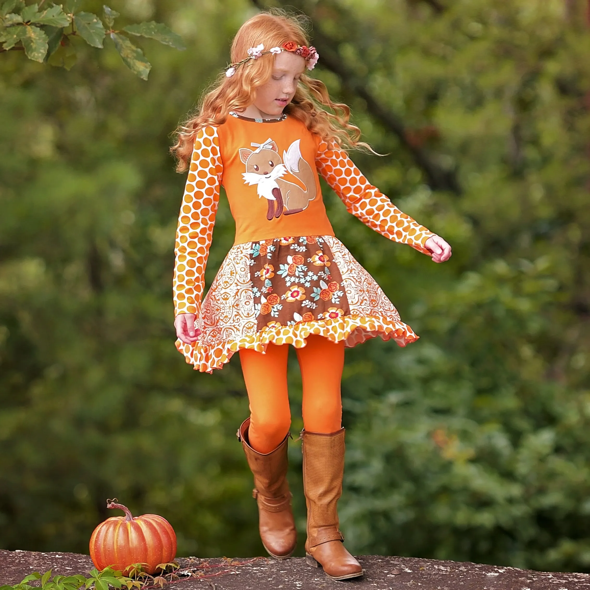 AnnLoren Big Little Girls Fall Foxy Floral Forest Friends Dress & Leggings