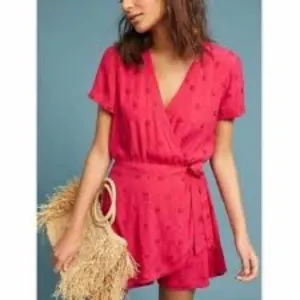 Anthropologie ett:twa green briar pink embroidered wrap romper size xxsp