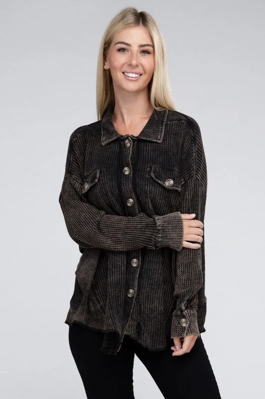 Ash Black Acid Wash Oversized Cotton Waffle Shirt