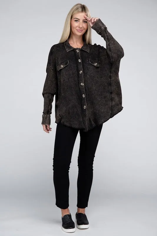 Ash Black Acid Wash Oversized Cotton Waffle Shirt