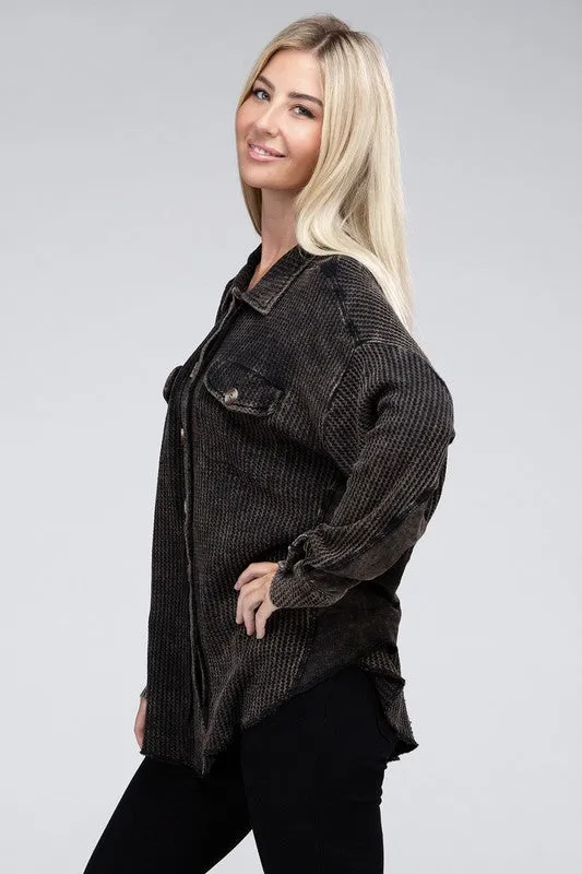 Ash Black Acid Wash Oversized Cotton Waffle Shirt