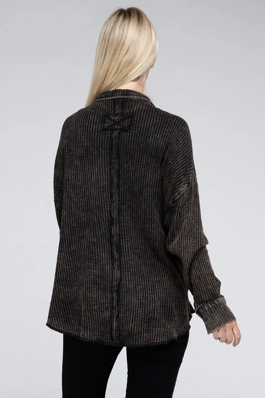 Ash Black Acid Wash Oversized Cotton Waffle Shirt