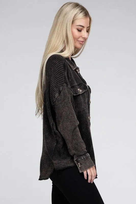 Ash Black Acid Wash Oversized Cotton Waffle Shirt