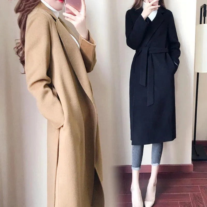 Autumn Winter Coat Women Casual Wool Jackets Blazers Female Belt Long Coat Ladies Plus Size 4XL