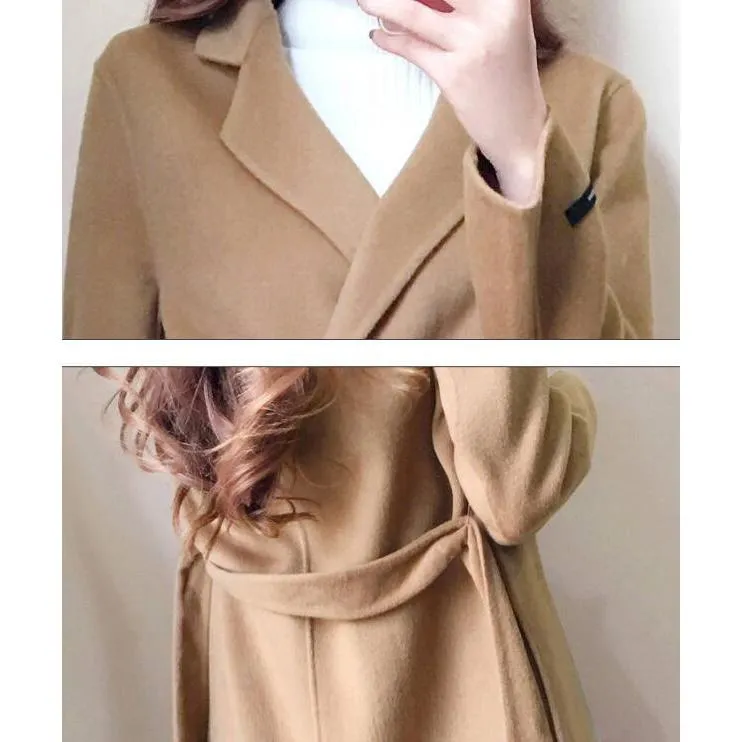 Autumn Winter Coat Women Casual Wool Jackets Blazers Female Belt Long Coat Ladies Plus Size 4XL