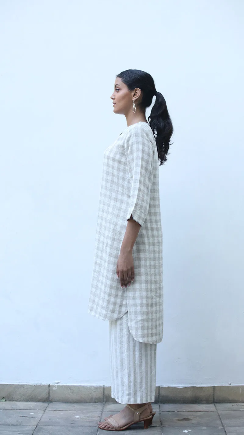 Beige Check Embroidered Lounge Tunic