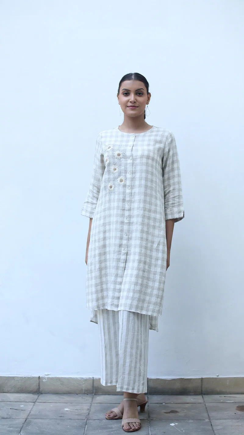 Beige Check Embroidered Lounge Tunic