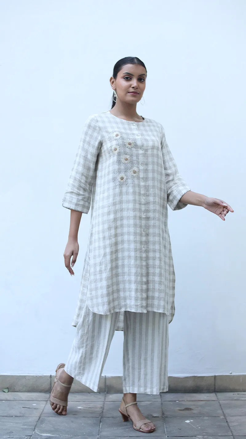 Beige Check Embroidered Lounge Tunic