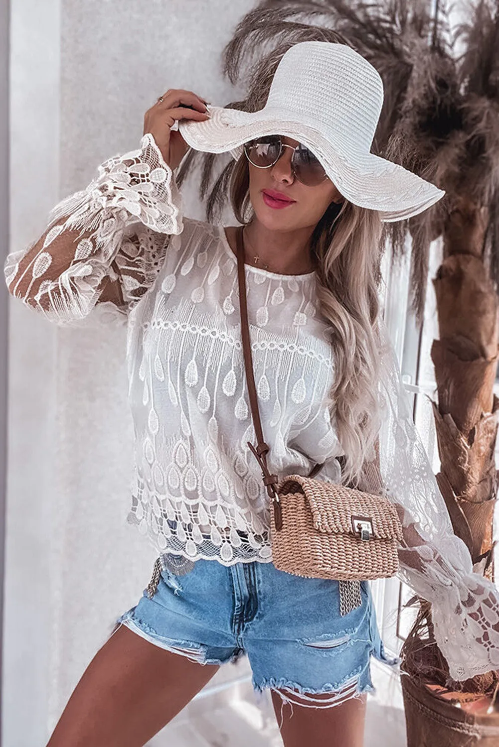 Beige Embroidered Mesh Flounce Sleeve Blouse