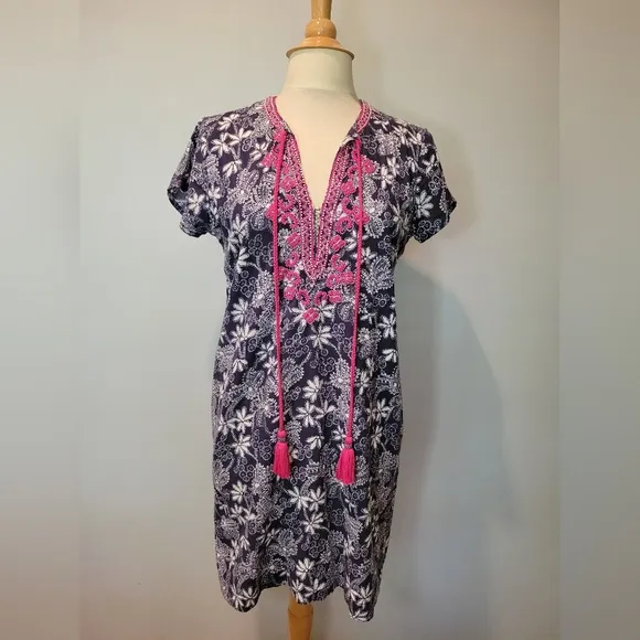 Bella Tu Blue &amp; White Beaded Embroidered Tassle Tunic Dress SZ S