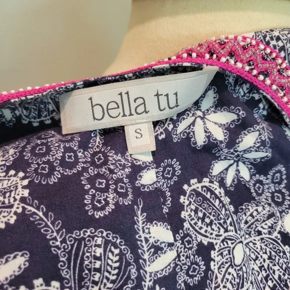 Bella Tu Blue &amp; White Beaded Embroidered Tassle Tunic Dress SZ S