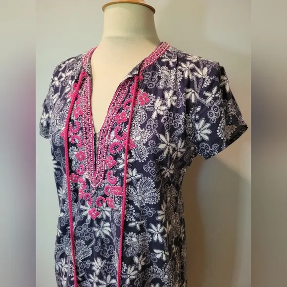 Bella Tu Blue &amp; White Beaded Embroidered Tassle Tunic Dress SZ S