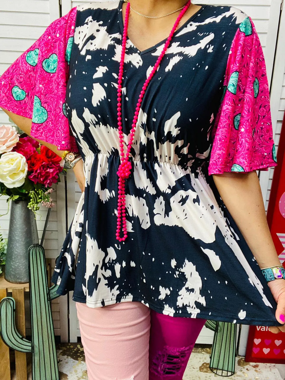 Black & White Top with pink turquoise heart bell sleeves