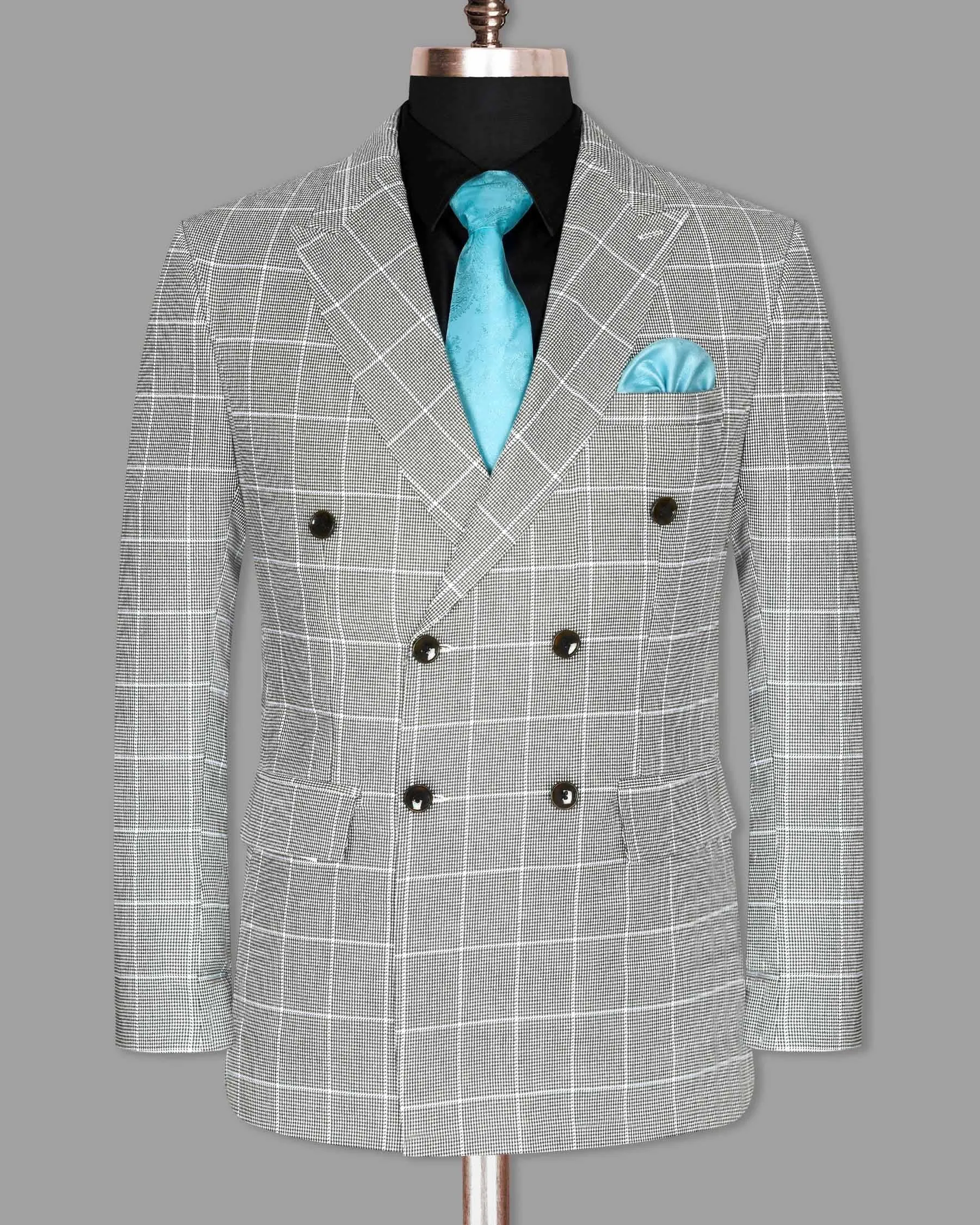 Black and White Houndstooth Windowpane Stretchable Double Breasted Blazer