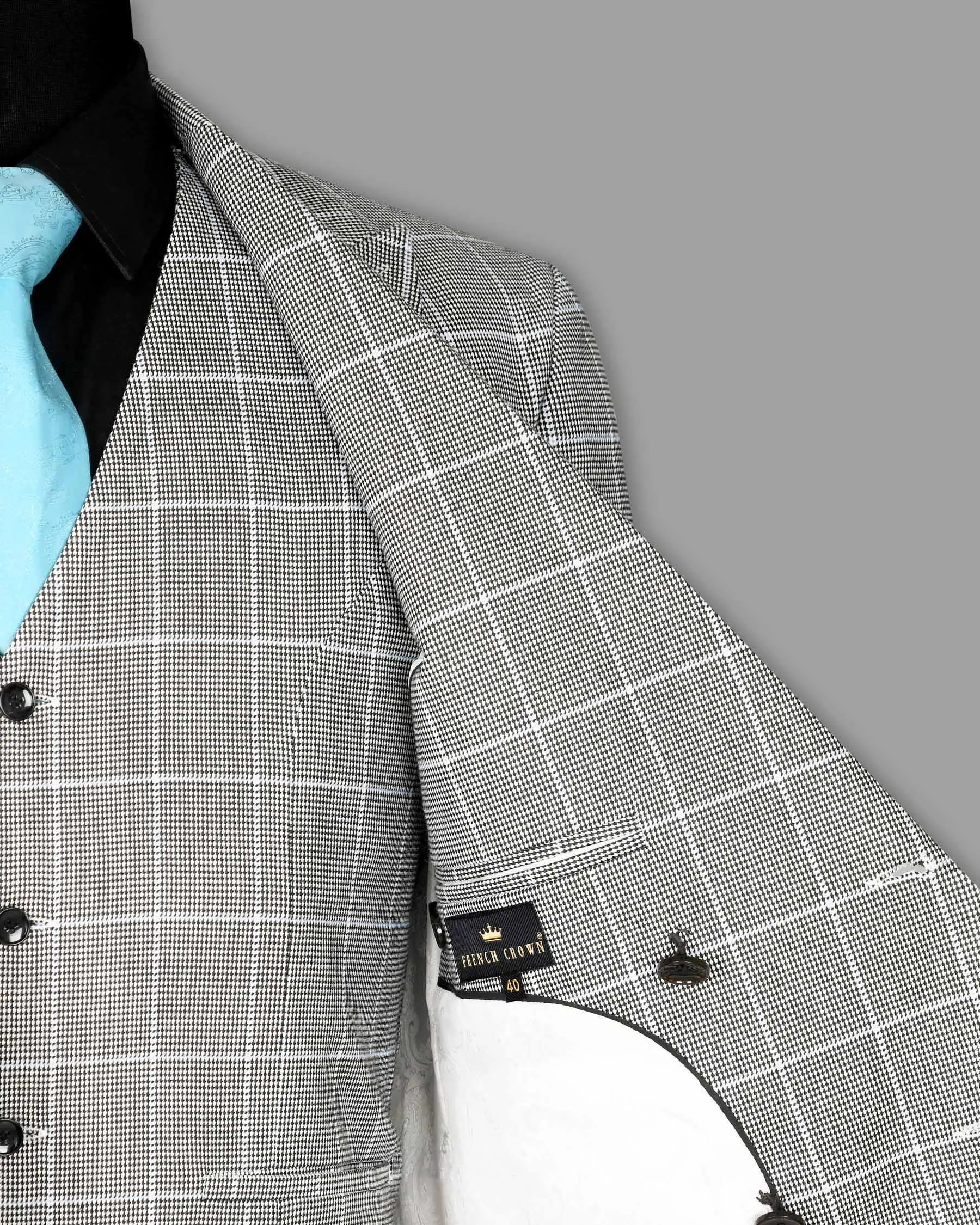 Black and White Houndstooth Windowpane Stretchable Double Breasted Blazer